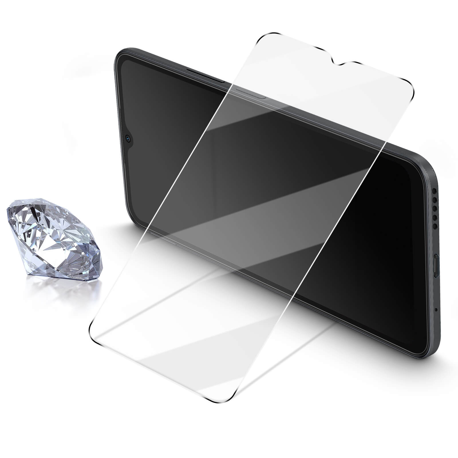 Telefono con protezione schermo e diamante. Sfondo bianco.