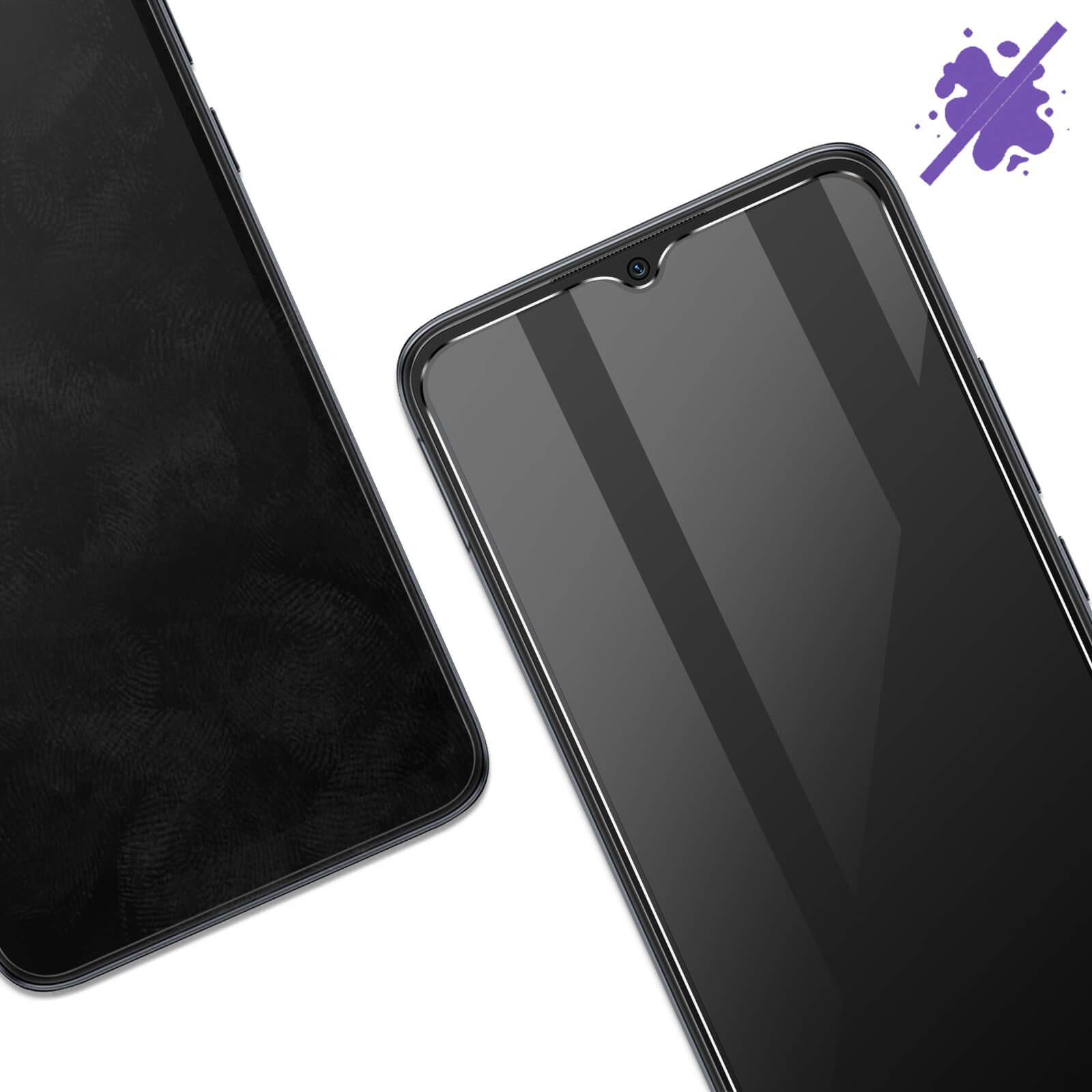 Due smartphone neri, uno con protezione schermo. Sfondo bianco. Icona macchia viola.
