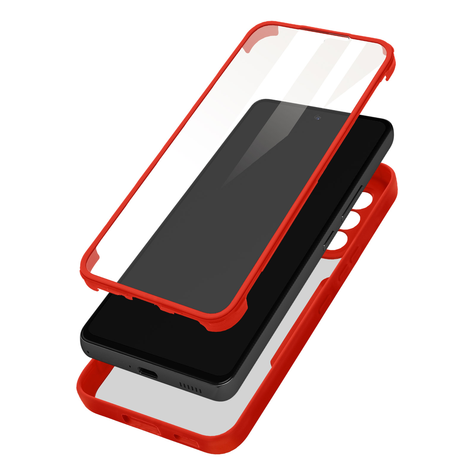 Un téléphone avec un étui rouge. L'étui est séparé en couches pour montrer le téléphone à l'intérieur.