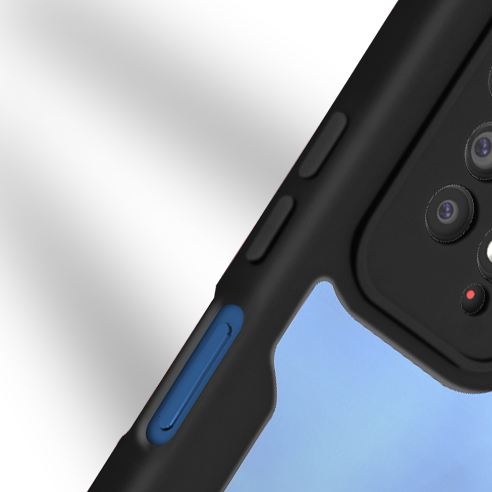 Gros plan sur l'appareil photo et les boutons d'un téléphone dans un étui noir. Du bleu et du gris sont visibles.