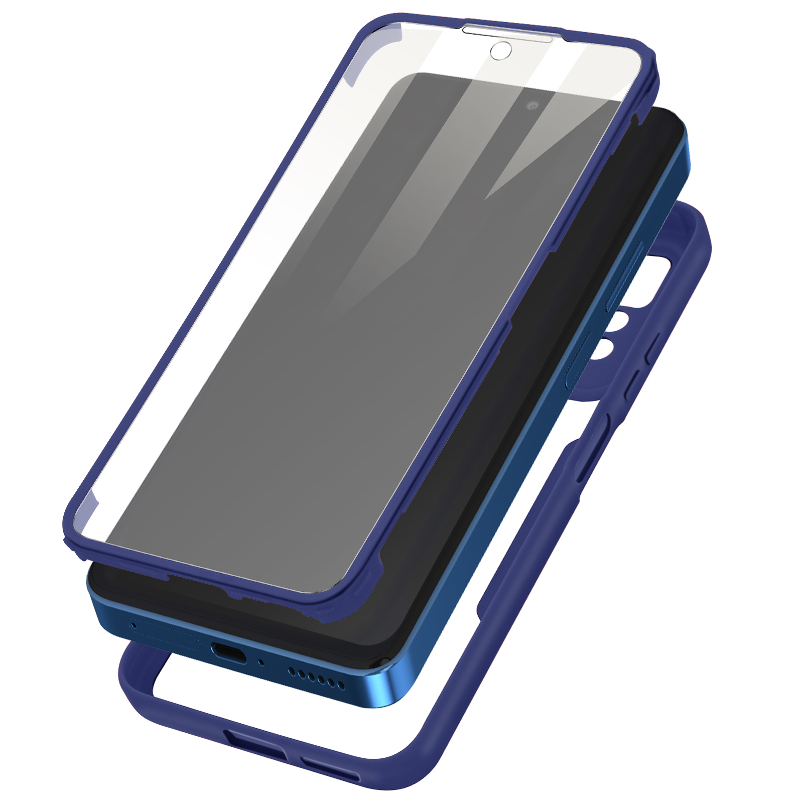 Coque de téléphone bleue démontée montrant les couches. Protection d'écran en verre, téléphone sombre et cadre bleu.
