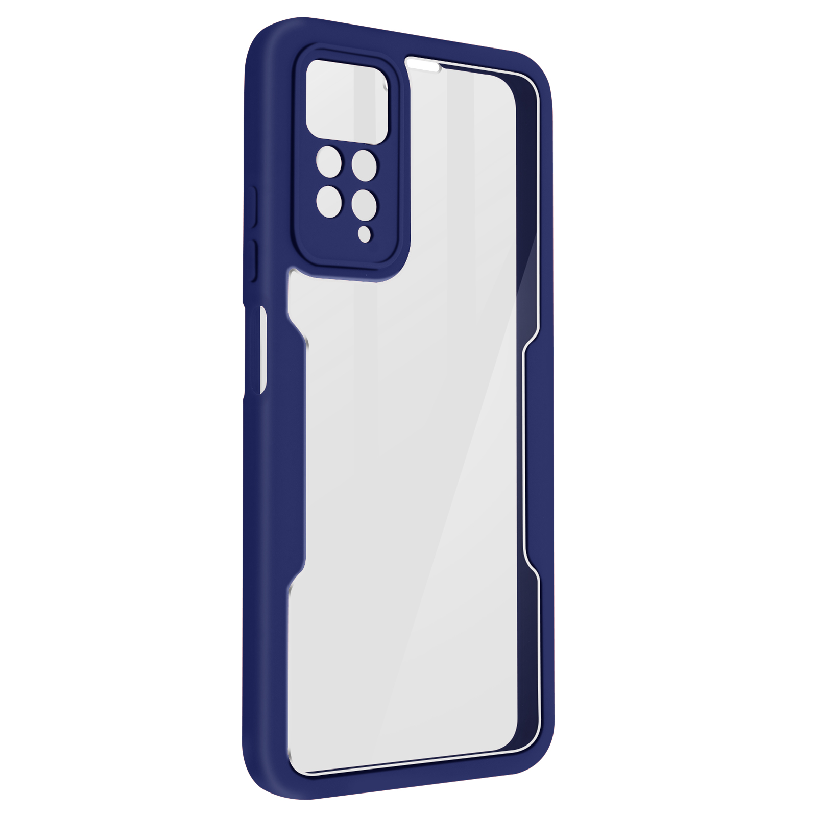 Un étui de téléphone bleu foncé avec un dos transparent et un cadre bleu foncé autour.