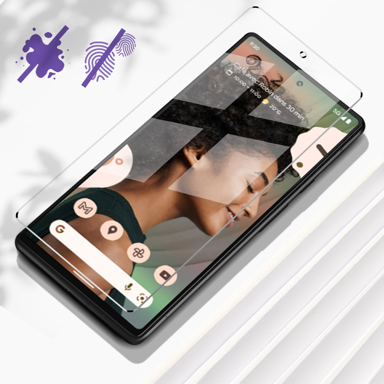 Uno schermo del telefono con una protezione per lo schermo. Sono visibili le icone delle app e l'ora.