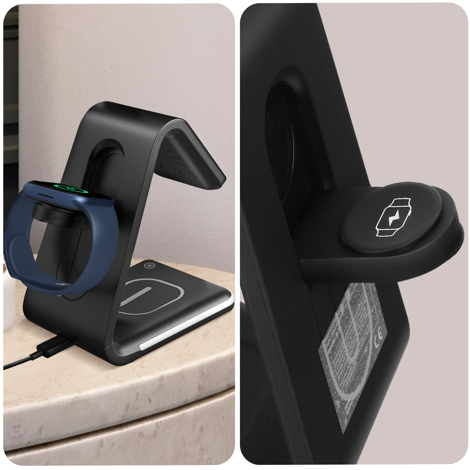 Kabelloses Ladegerät mit Smartwatch und Telefon.