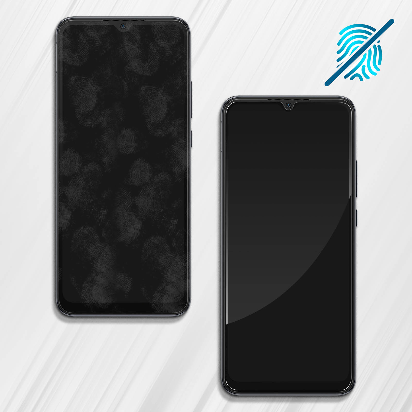 Due telefoni neri. Uno ha impronte digitali, l'altro è pulito. Icona impronta digitale.