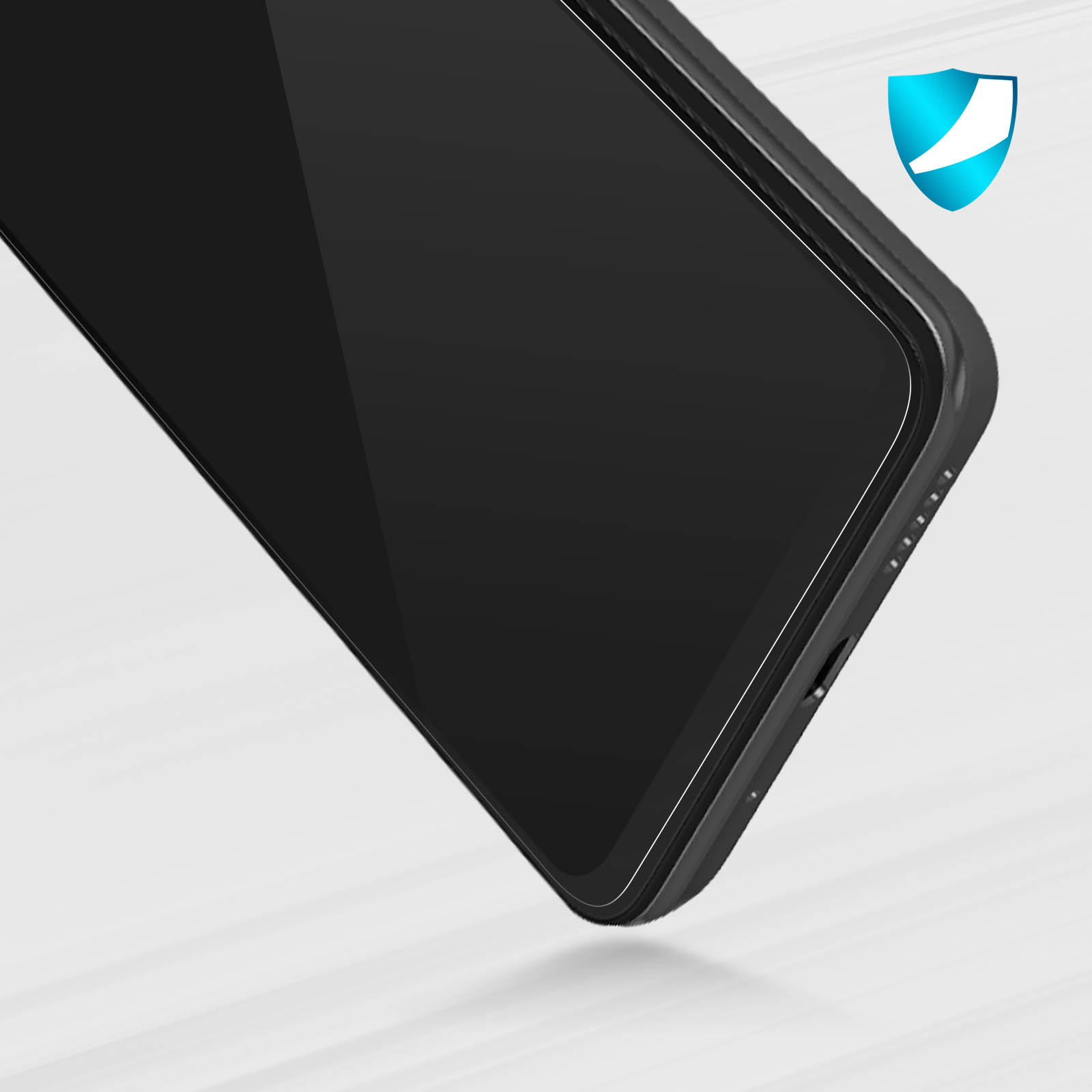 Primo piano di un telefono con schermo nero con un'icona a scudo blu.