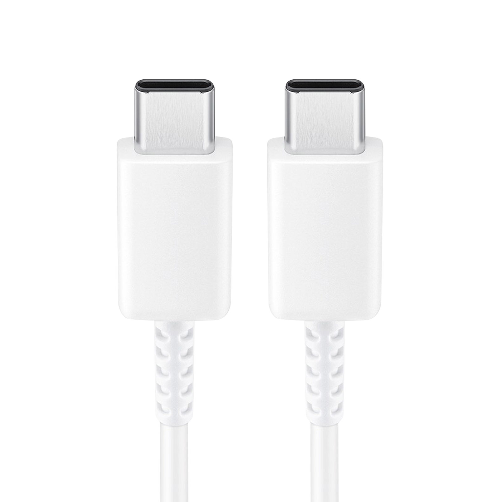 Due cavi USB-C bianchi, affiancati. Ognuno ha un connettore USB-C su entrambe le estremità.