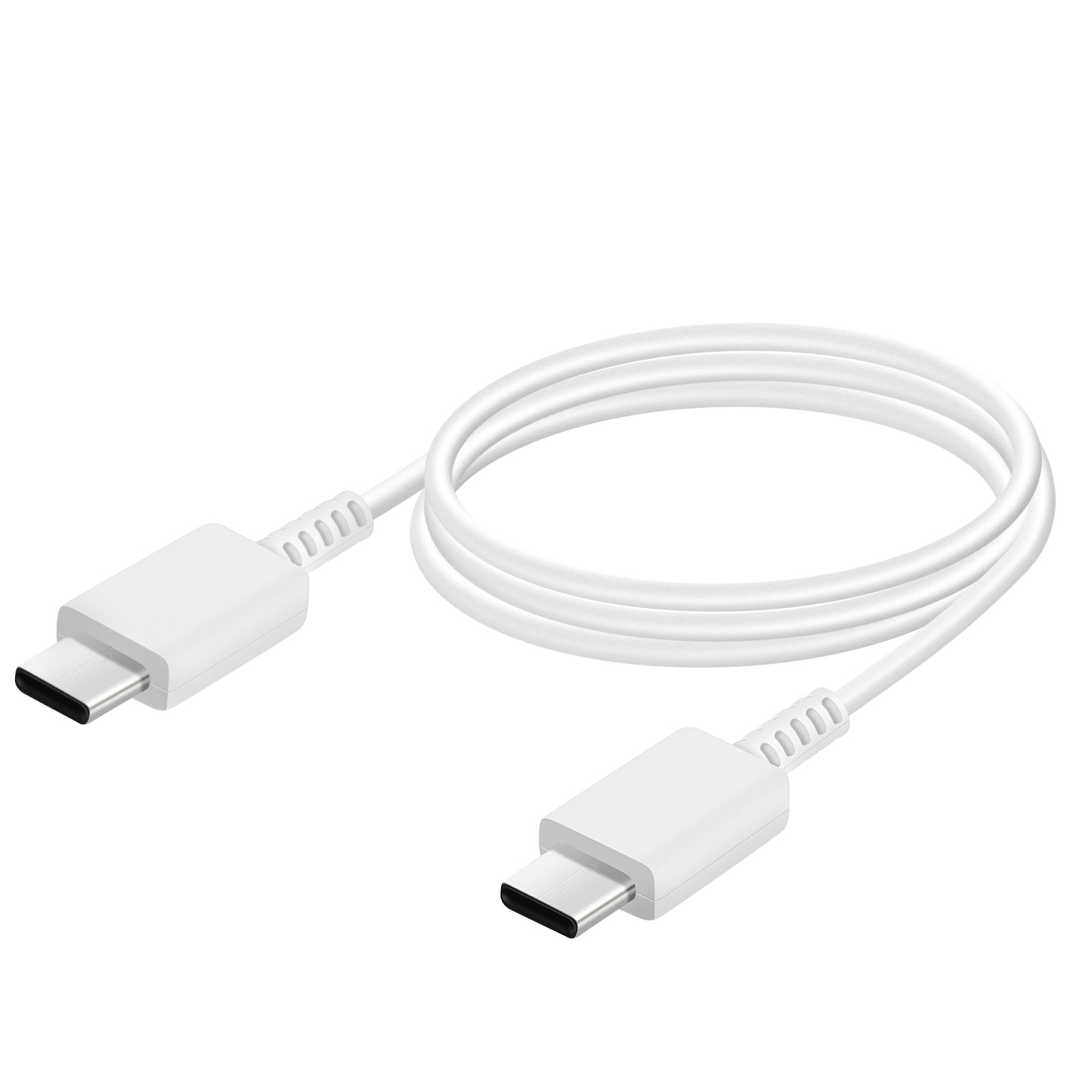 Un cavo USB-C bianco con connettori su entrambe le estremità, arrotolato su sfondo bianco.
