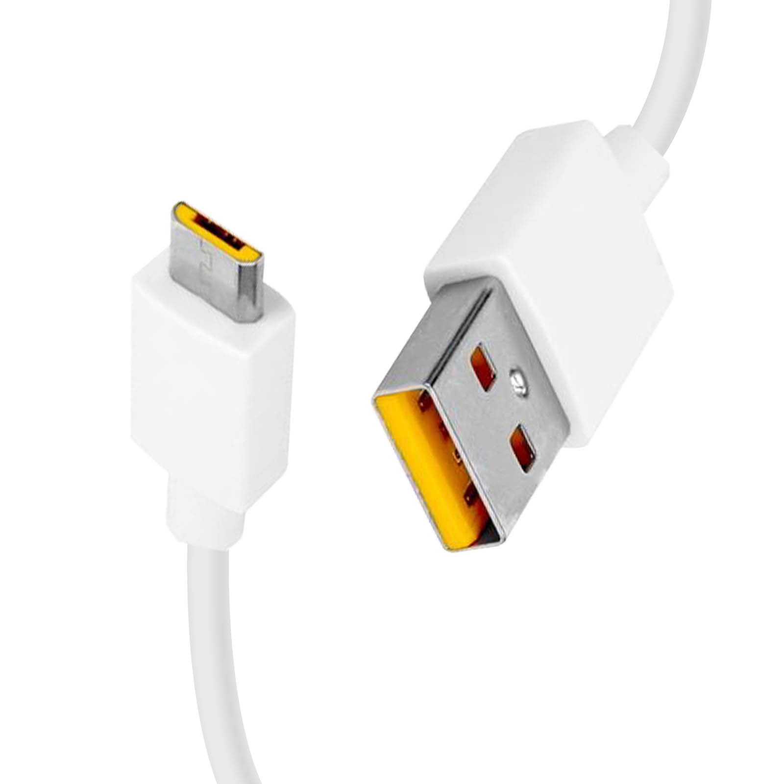 Weißes USB-C-Kabel, Nahaufnahme. Ein Ende ist USB-C, das andere USB-A, beide weiß.