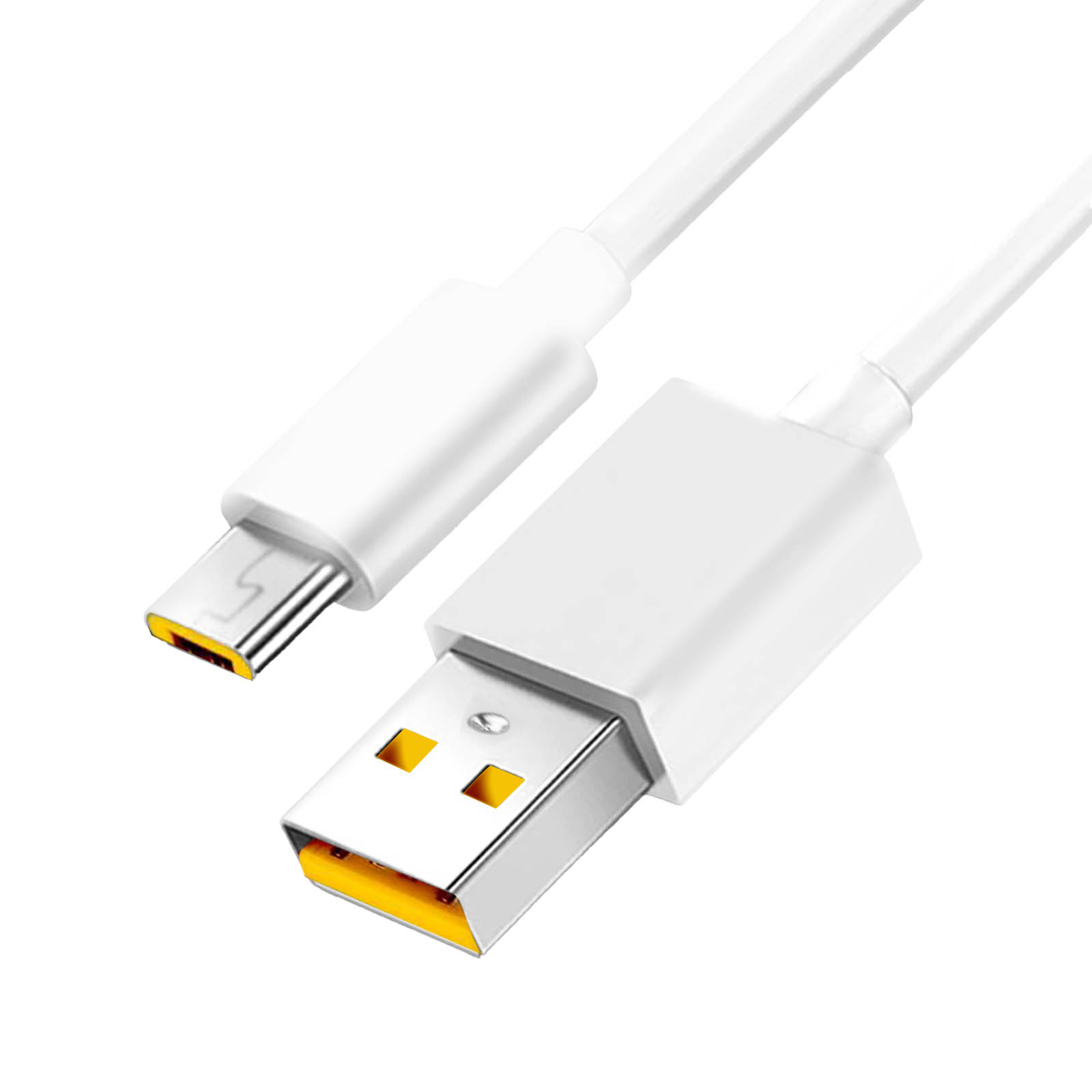 Weißes USB-C-Kabel und USB-A-Anschluss, beide mit gelben Details, auf weißer Oberfläche.