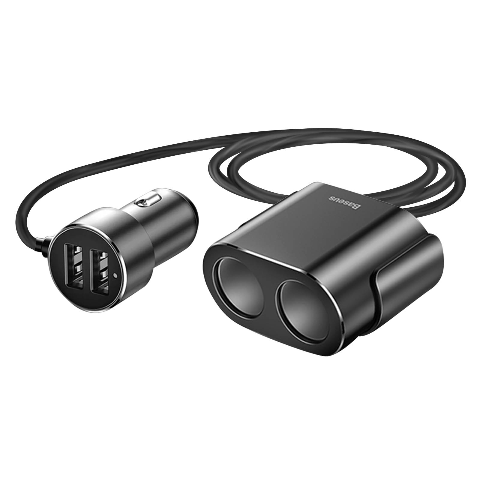 Czarna ładowarka samochodowa z dwoma portami USB i podłączonym kablem.