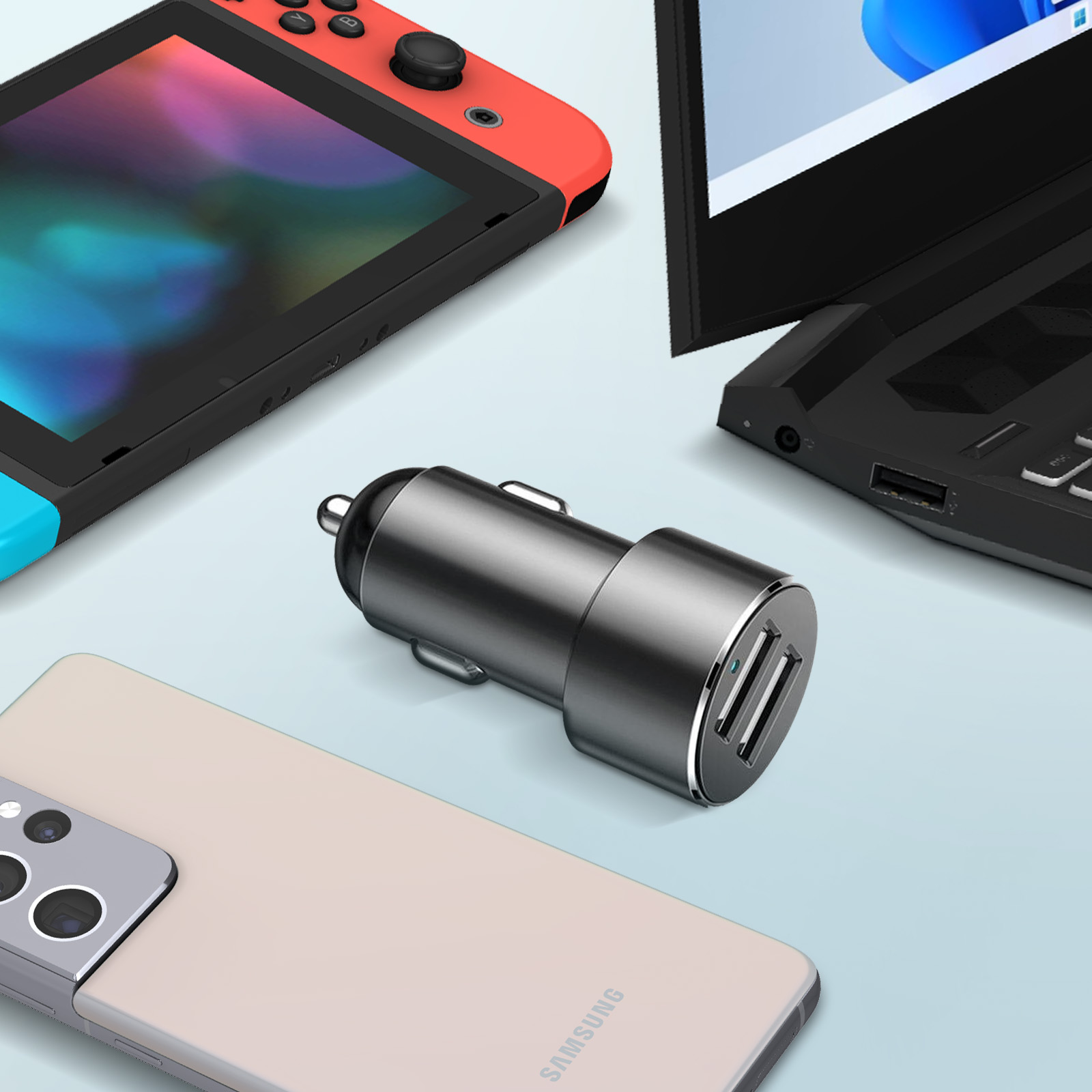 Ładowarka do telefonu podłączona do gniazdka w samochodzie. Inne urządzenia to telefon i konsola do gier.