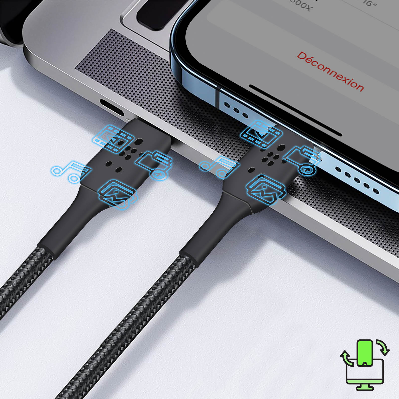 Un câble de chargement est branché sur un téléphone et un ordinateur portable. Des icônes montrent le transfert de données.