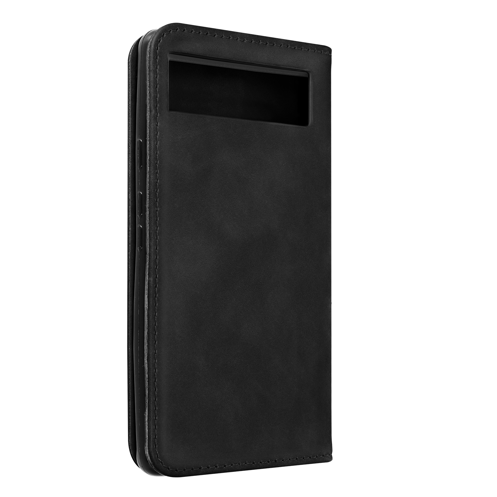 Zwarte telefoonhoes, zijaanzicht. Het heeft een uitsparing voor de camera en een gladde textuur.