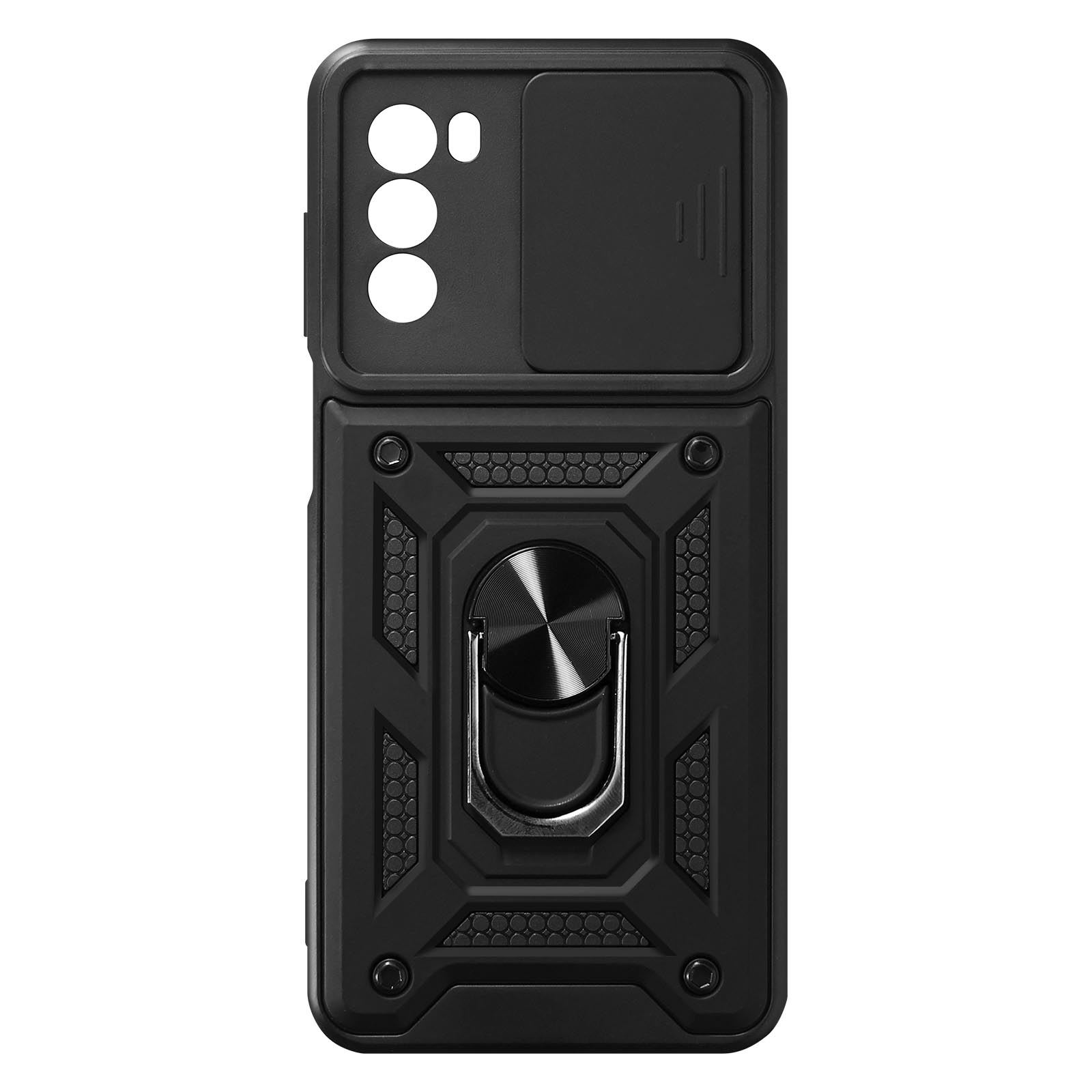 Custodia nera per telefono con anello e copertura fotocamera.