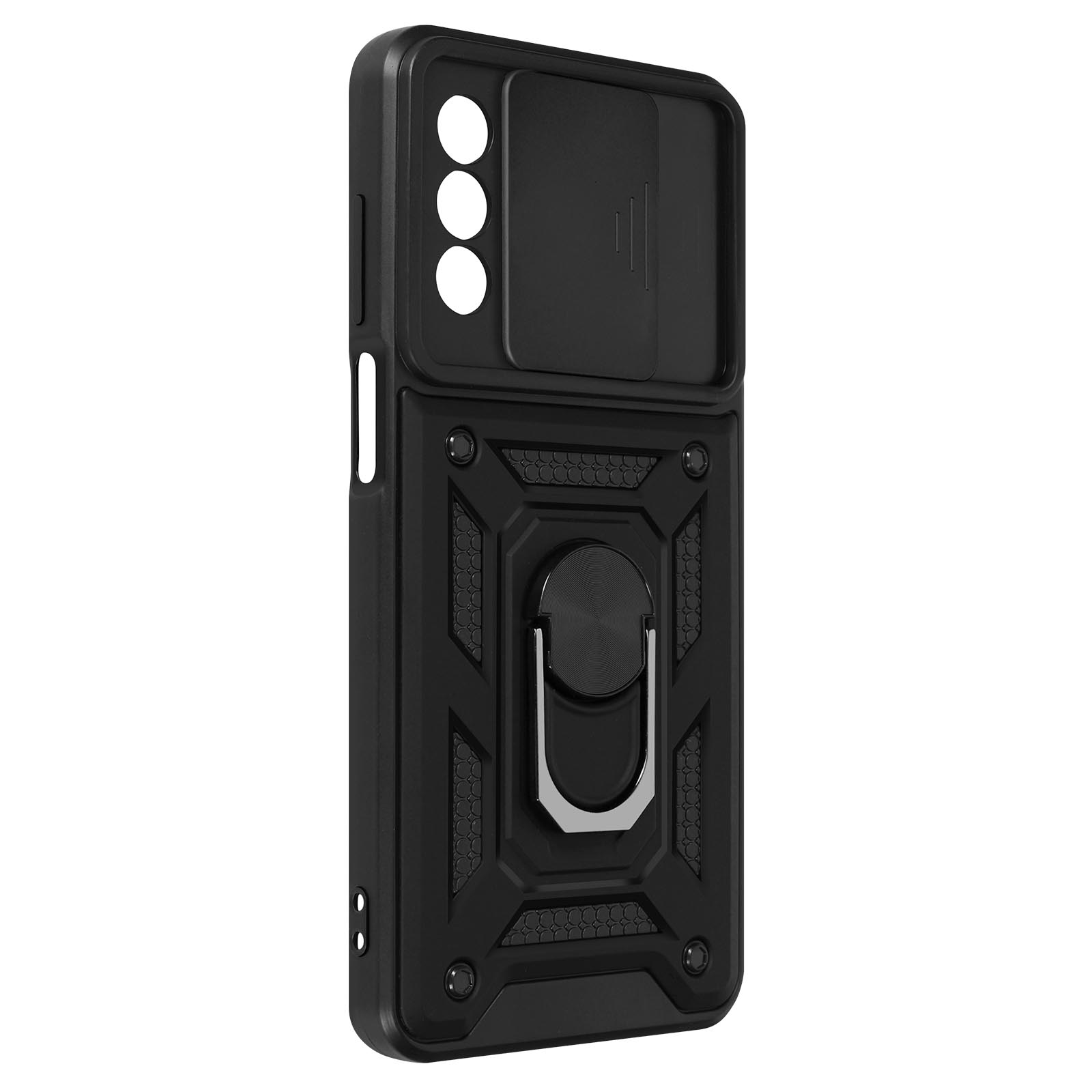 Custodia nera per telefono con anello e copertura per fotocamera. La custodia è robusta.