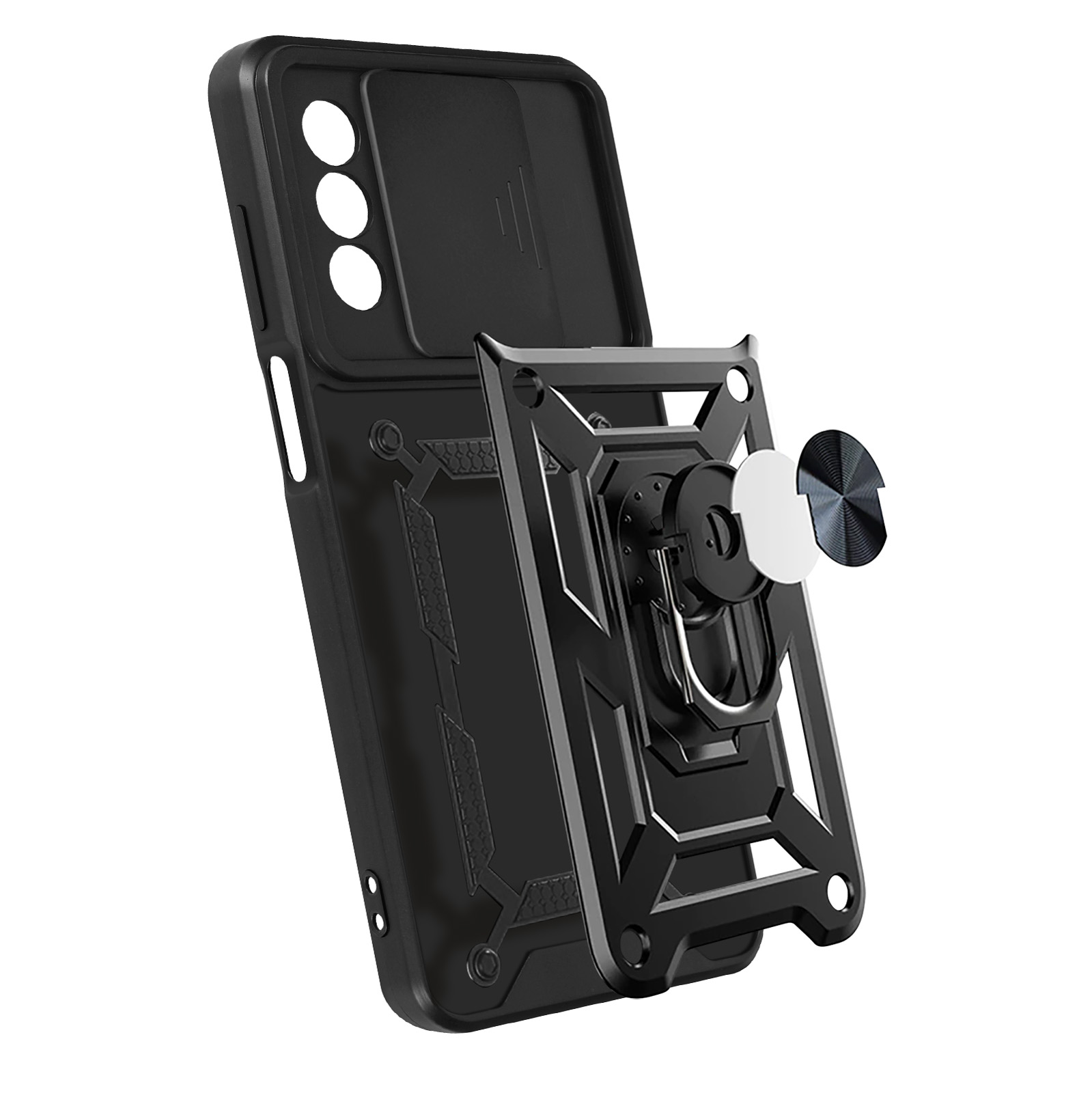 Custodia nera per telefono con anello. Include la protezione della fotocamera.