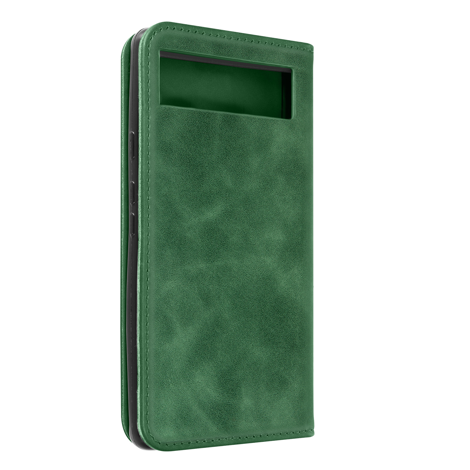 Groene telefoonhoes, open. Het heeft een uitsparing voor de camera's van de telefoon.