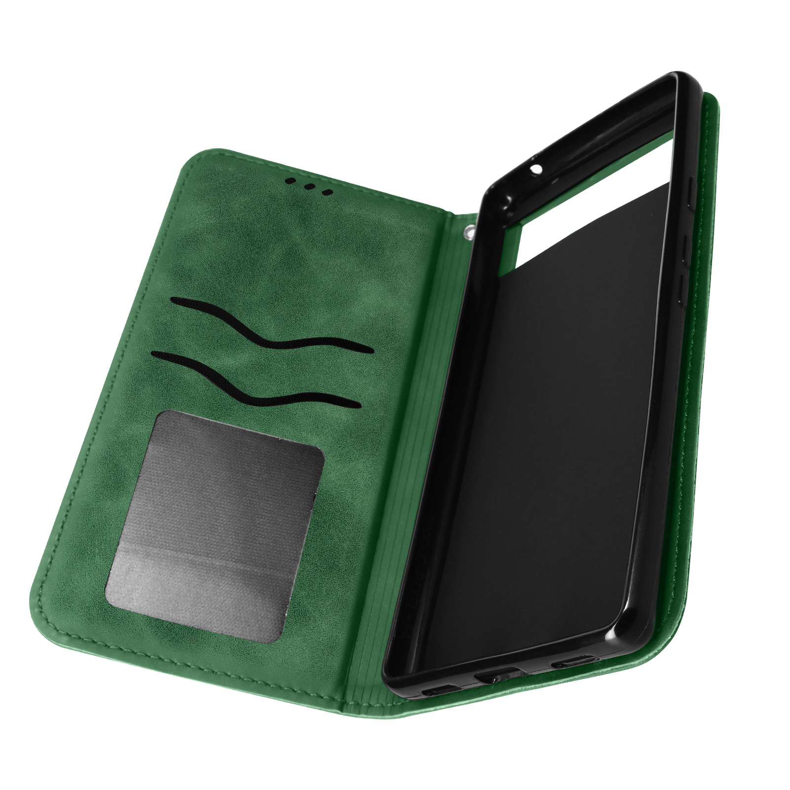 Groene telefoonhoes open, met de telefoon erin. De telefoon is zwart.