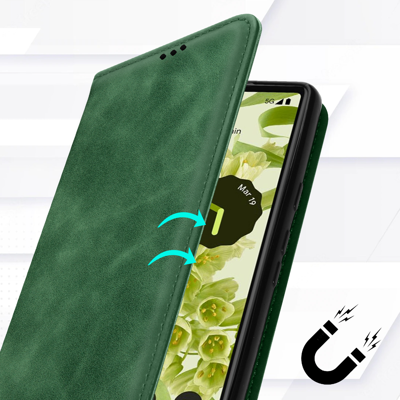 Groene telefoonhoes, open. Pijlen en een magneetsymbool geven sluiting aan.