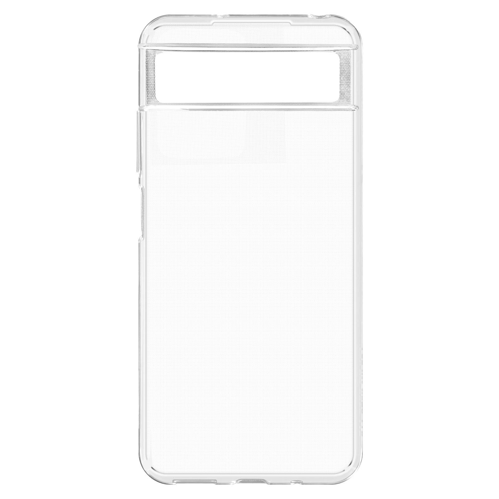 Transparante telefoonhoes. Het heeft een camera-uitsparing en staat op een witte achtergrond.