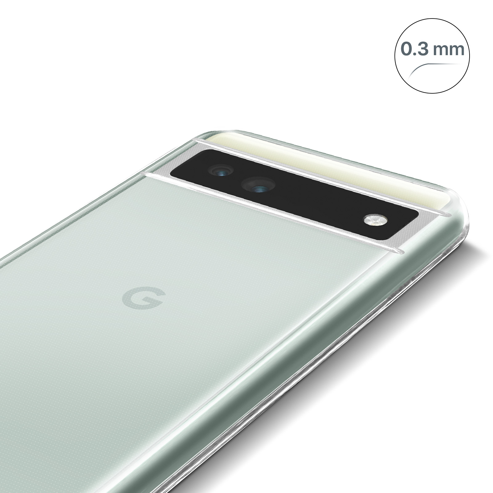 Een doorzichtige telefoonhoes op een oppervlak. De hoes heeft een camera-uitsparing en is transparant.