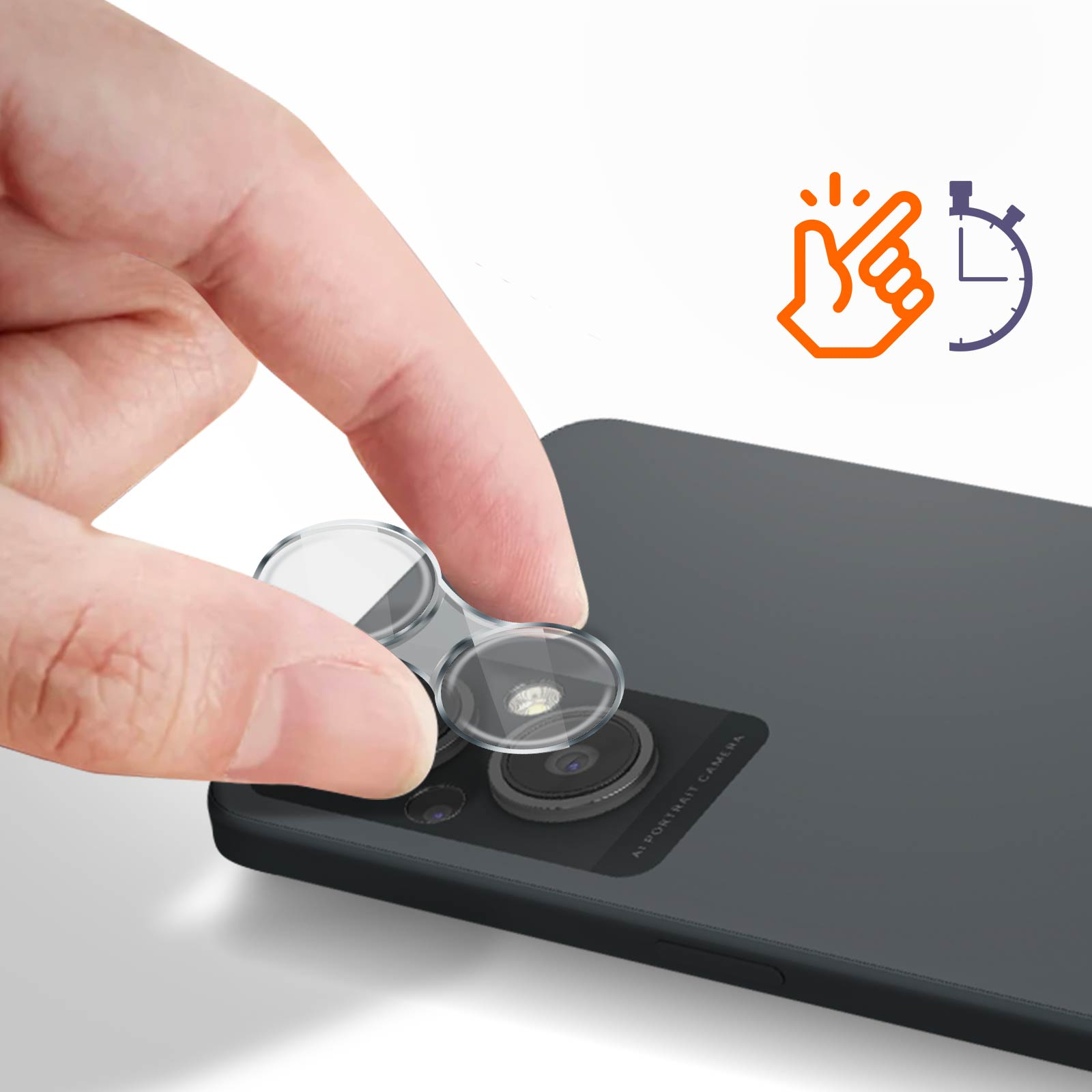 Mano che applica una protezione schermo sull'obiettivo della fotocamera di uno smartphone nero.