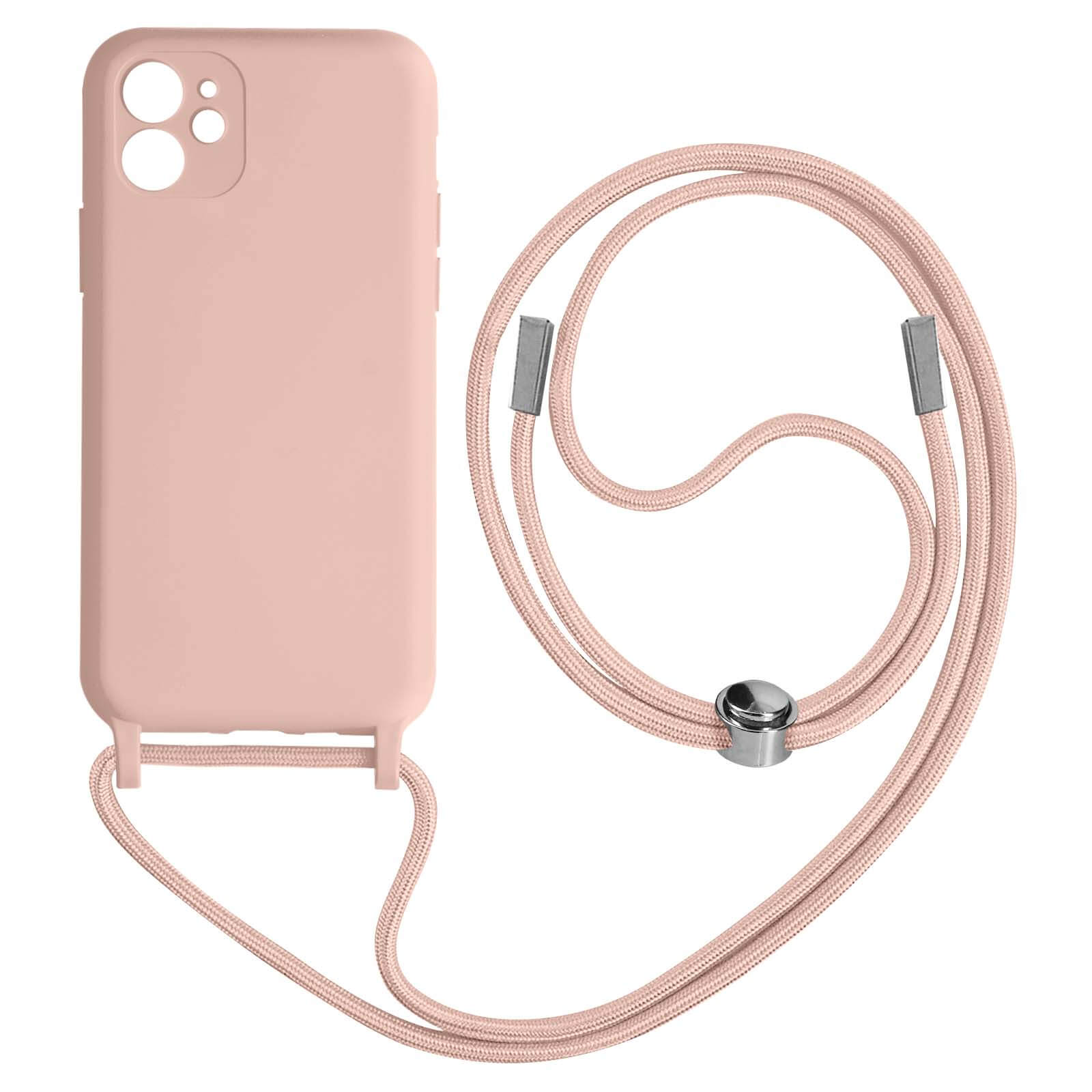 Étui de téléphone rose avec cordon, sur fond blanc.