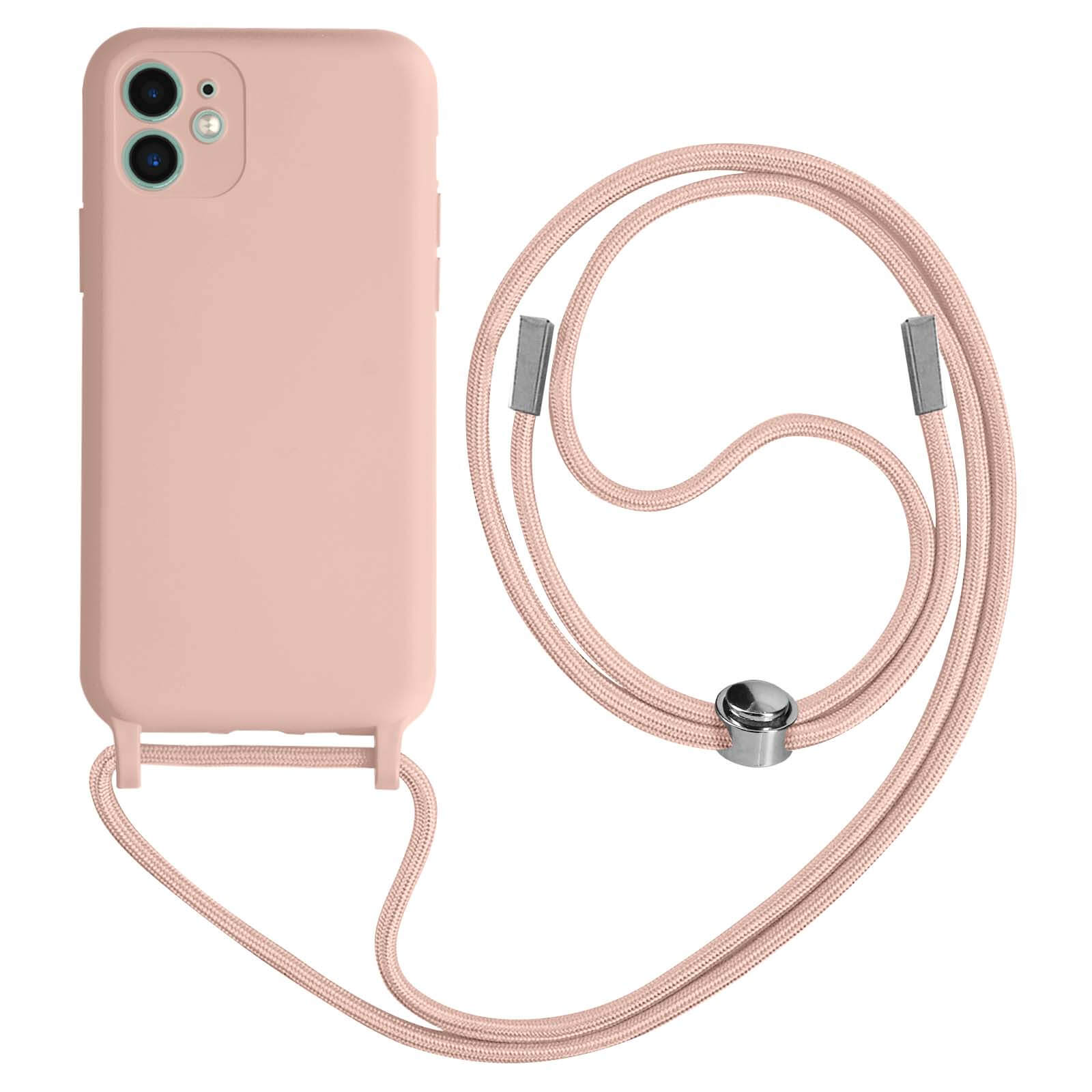 Coque de téléphone rose avec cordon assorti. Détails argentés. Fond blanc.