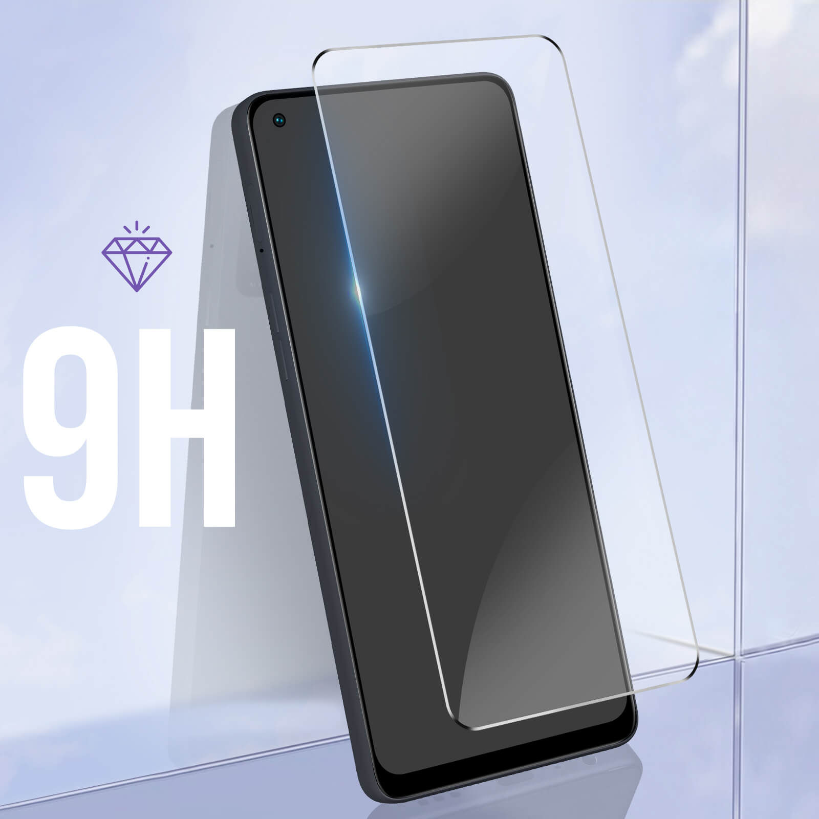 Een telefoon met een schermbeschermer wordt getoond. De beschermer is aangebracht op het scherm van de telefoon.