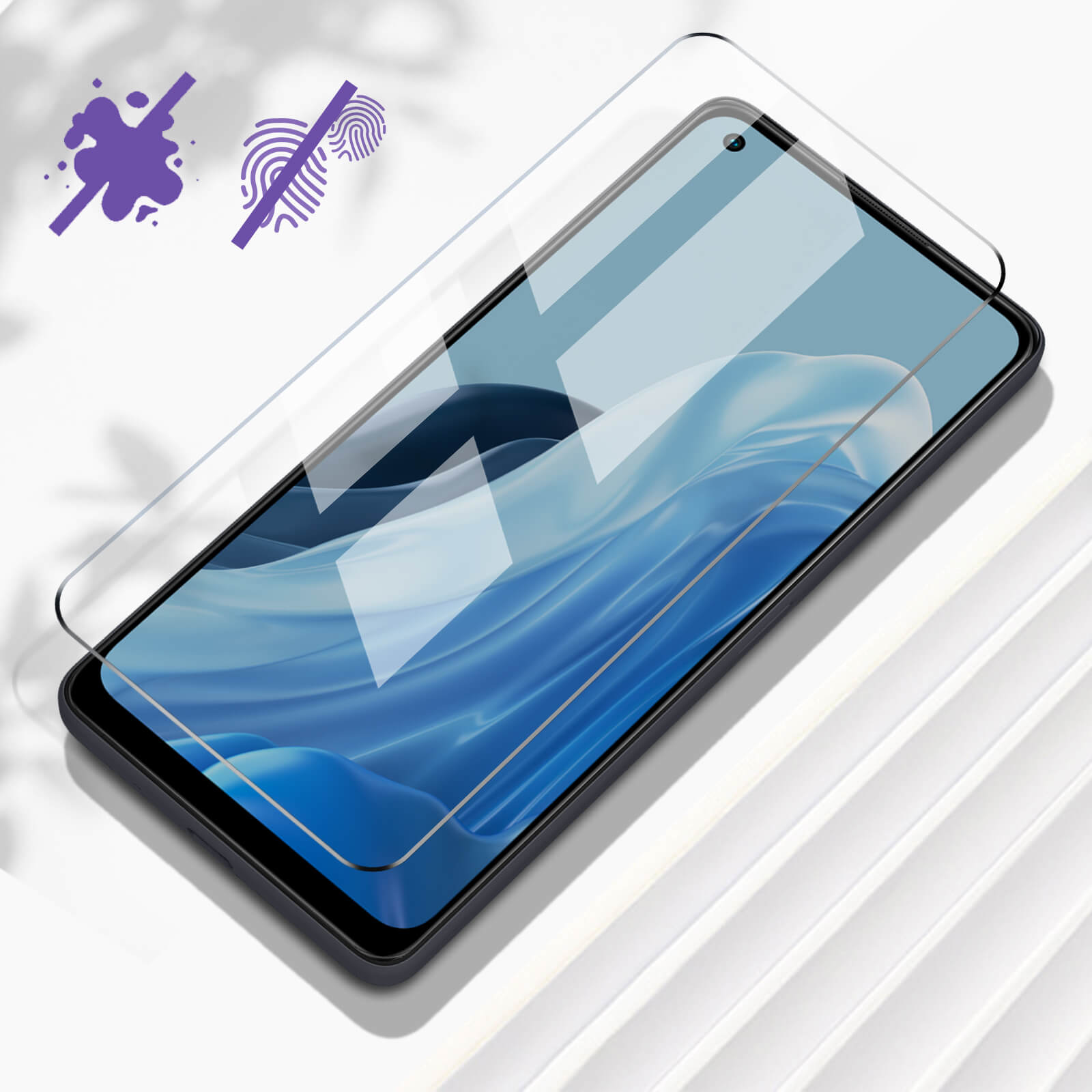 Telefoon met schermbeschermer, met vlek- en watervlek-iconen.