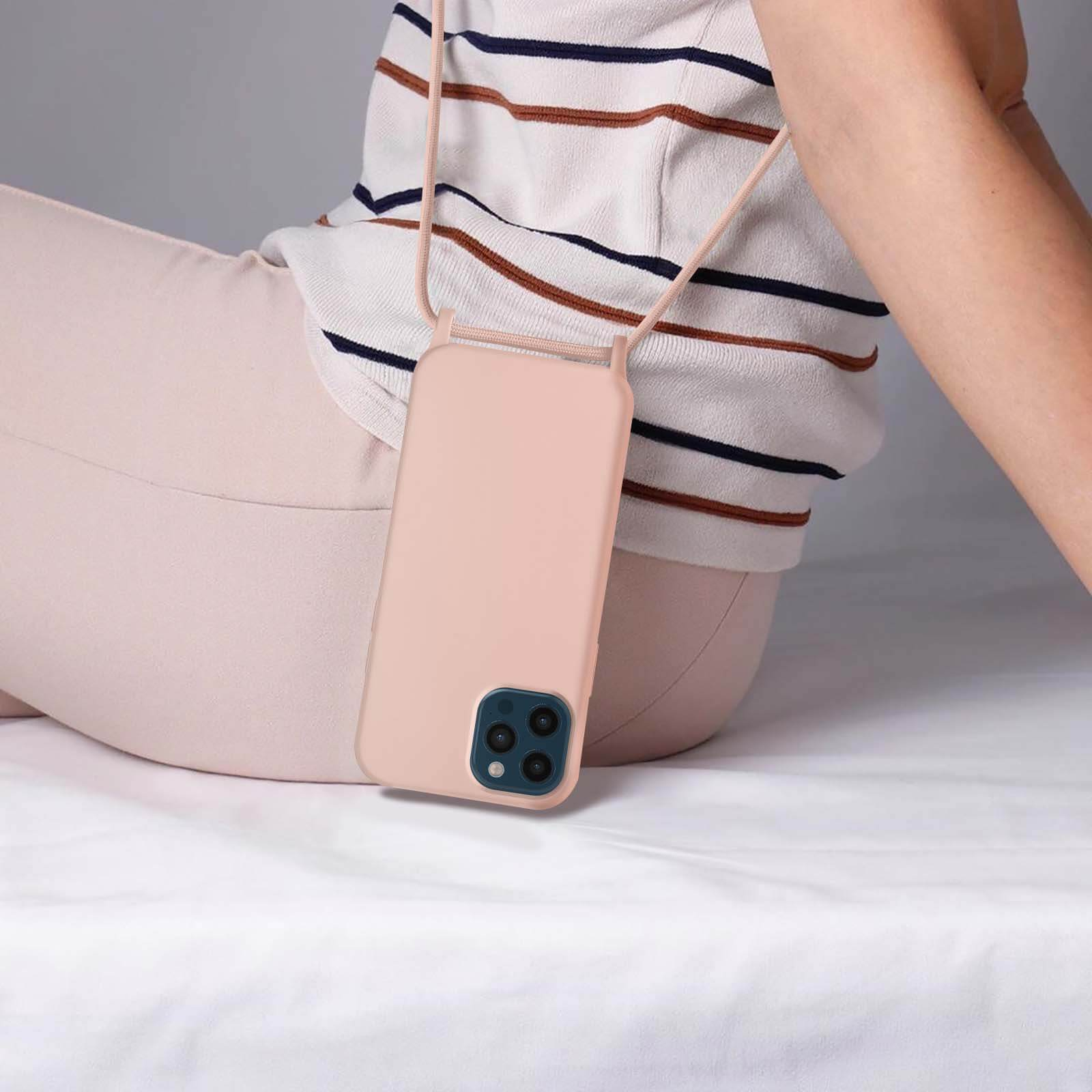 Een persoon met een telefoon met een koord. De telefoon is roze. Witte achtergrond.