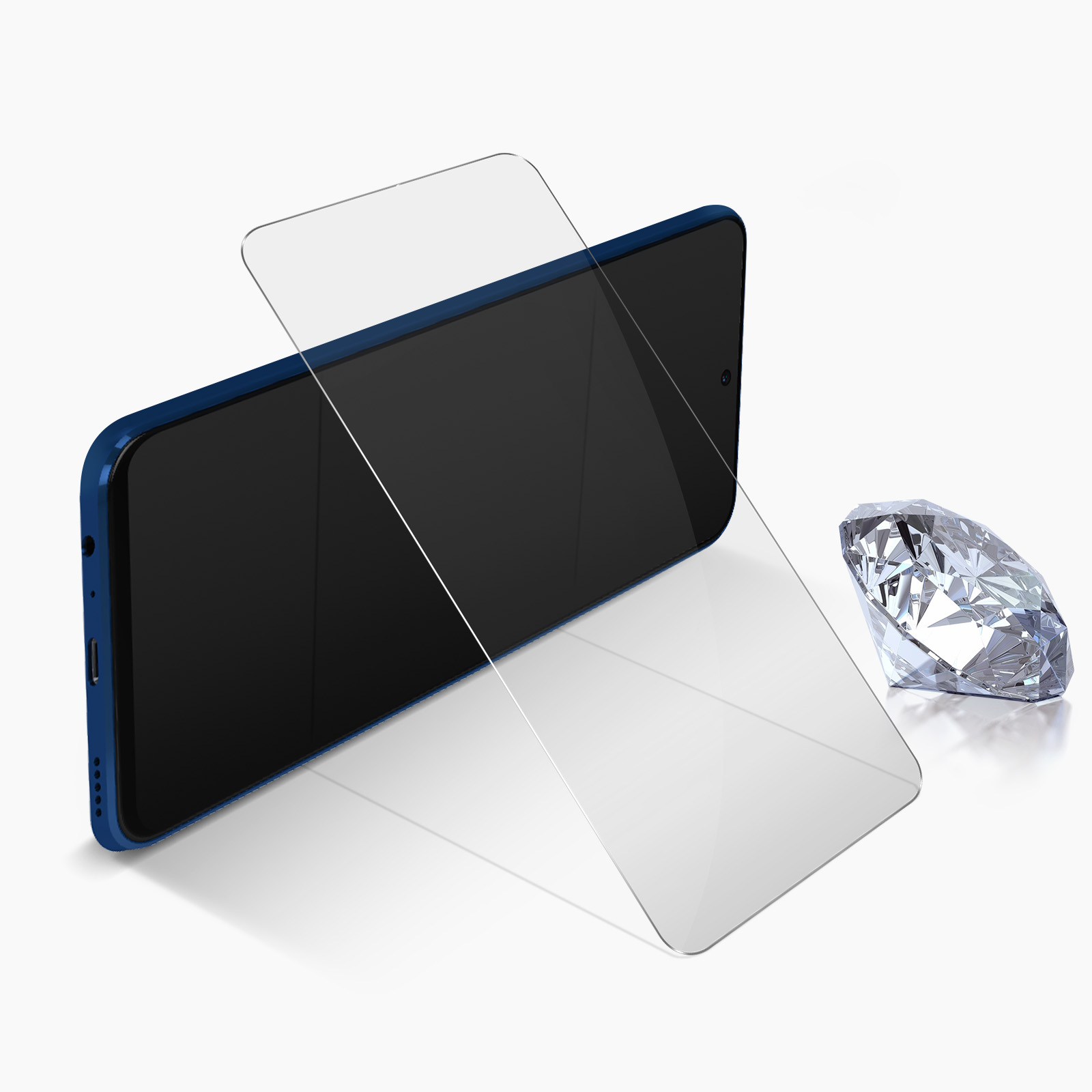 Un telefono blu con una protezione per lo schermo e un diamante su sfondo bianco.