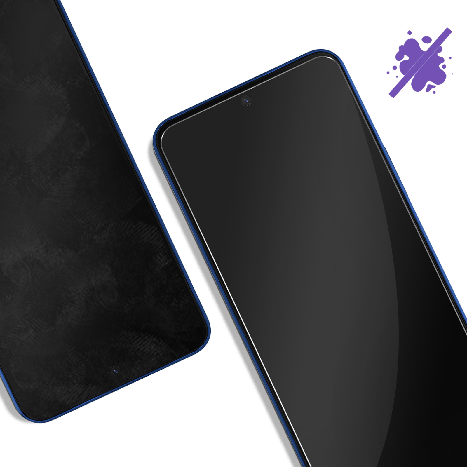 Due schermi di telefono neri con bordi blu e un'icona splash.