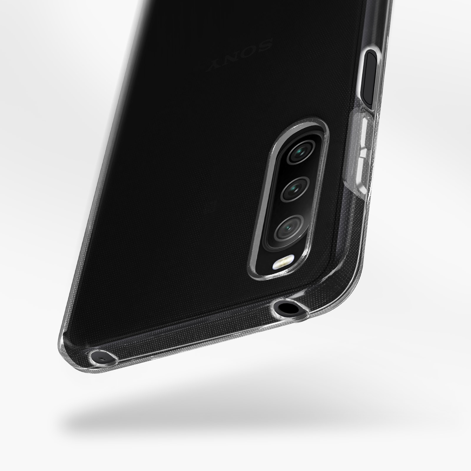 Custodia trasparente per telefono, che mostra la fotocamera e i dettagli del telefono.