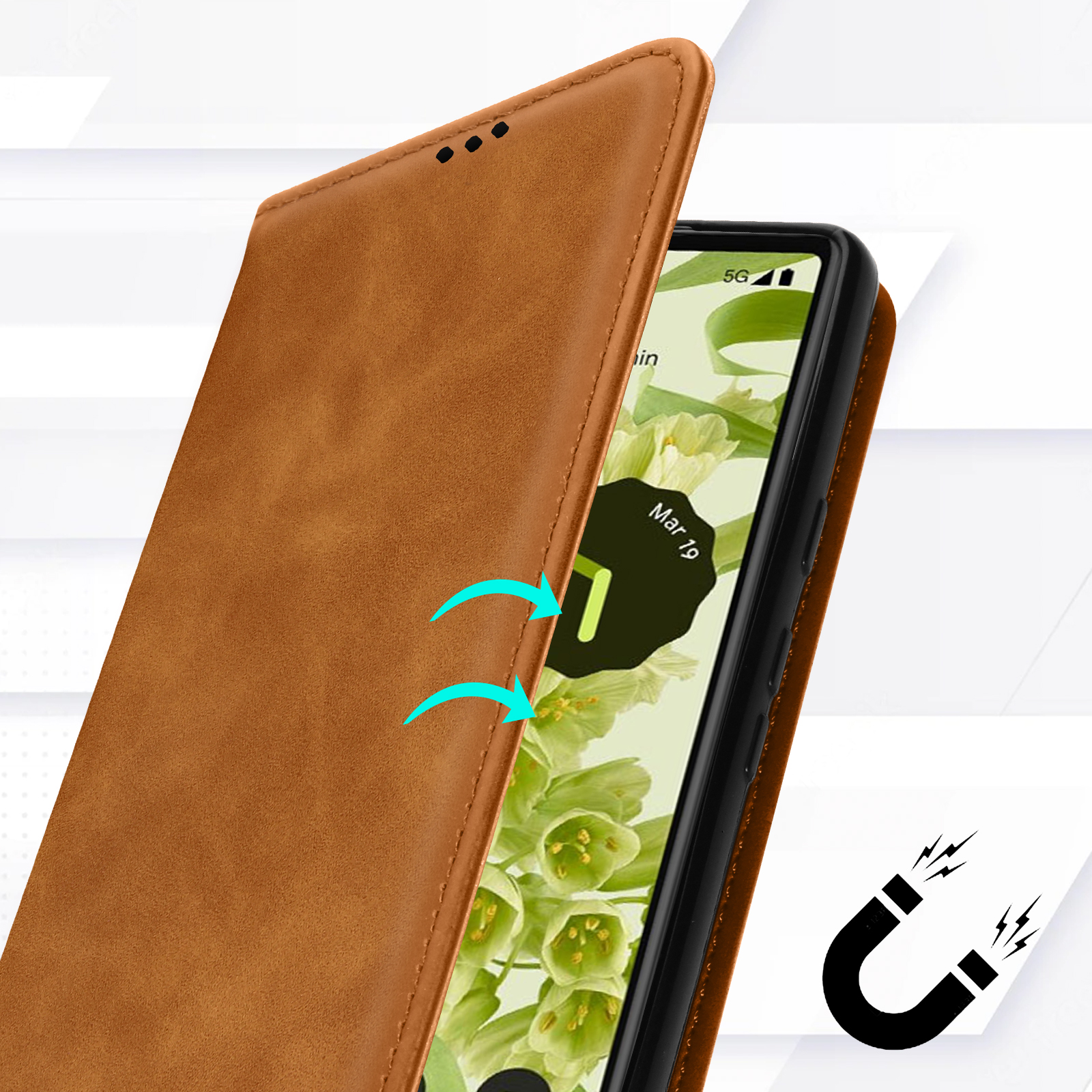 Bruin telefoonhoesje wordt geopend om de telefoon te onthullen, met pijlen, een magneetsymbool en de datum.