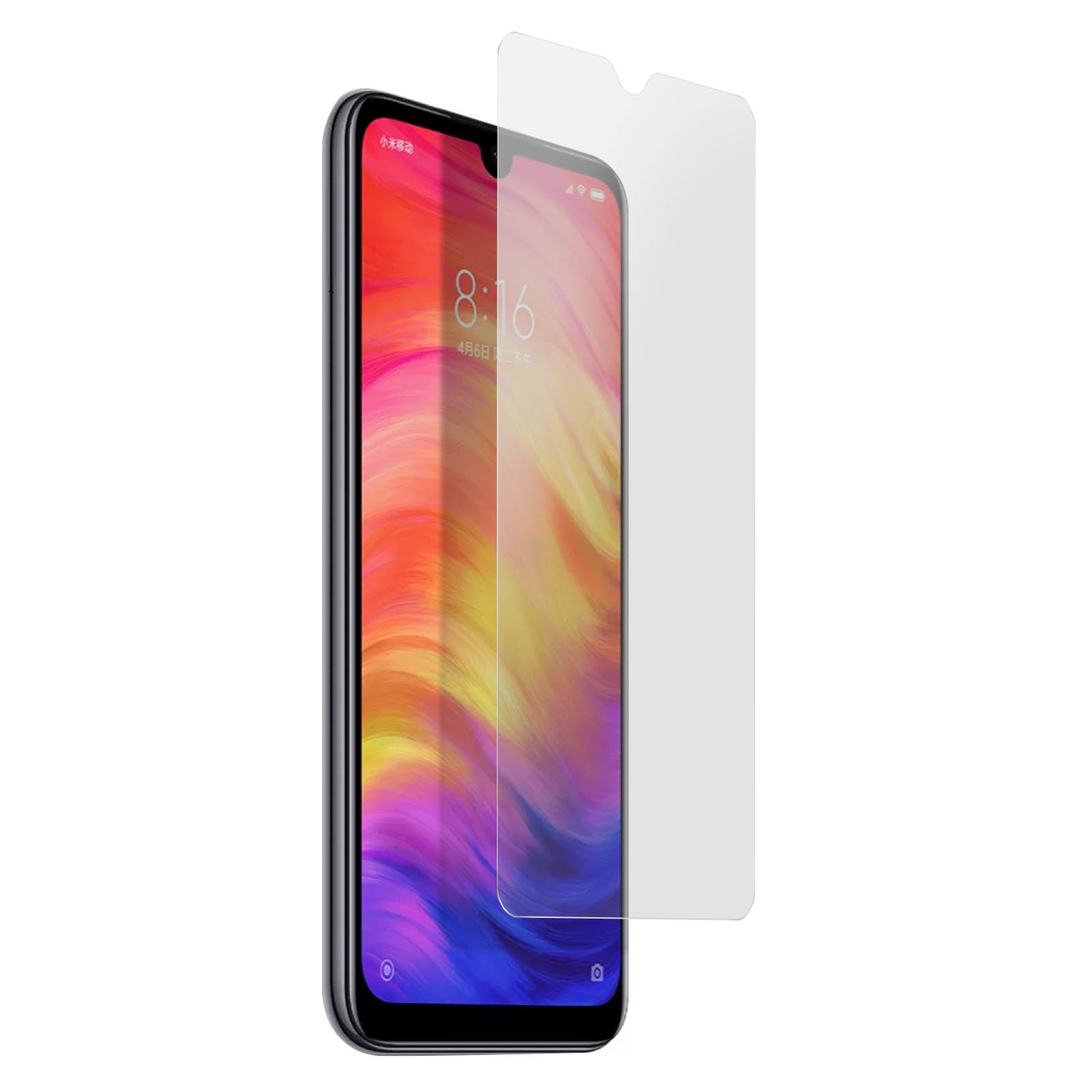 Uno smartphone con una protezione per lo schermo. Il telefono mostra l'ora ed è su sfondo bianco.