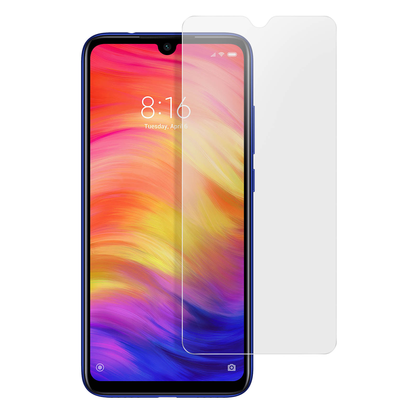 Un telefono blu con protezione schermo. Lo schermo mostra l'ora e uno sfondo colorato.