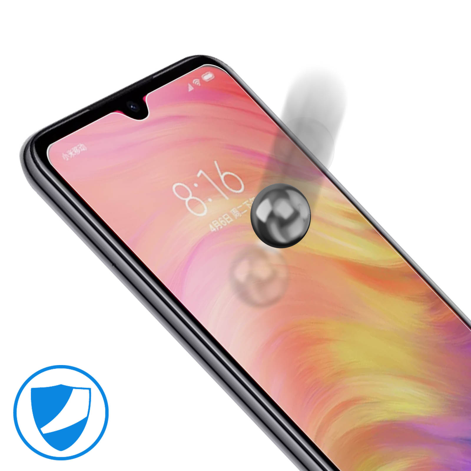Proteggi schermo per telefono con una palla che rimbalza. Mostra le 8:16.