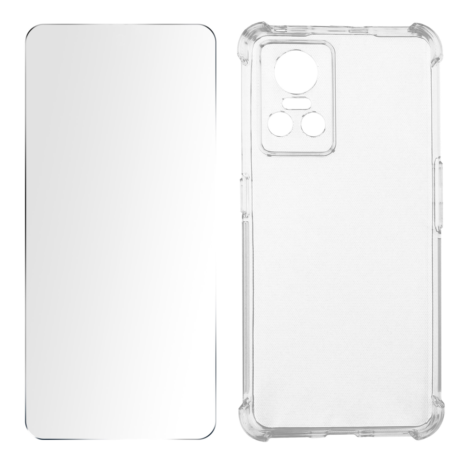 Zwei transparente Handyhüllen. Eine ist ein Displayschutz. Weißer Hintergrund.
