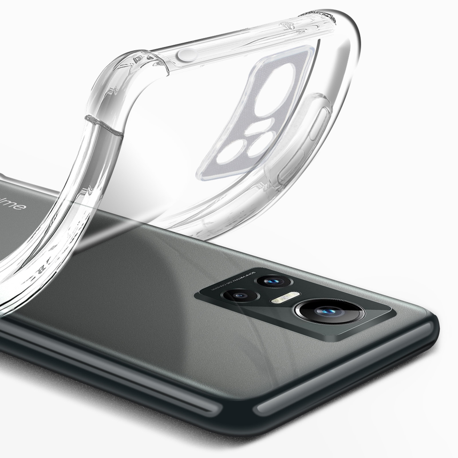 Telefon mit einer transparenten, flexiblen Hülle. Die Hülle ist teilweise abgezogen. Weißer Hintergrund.