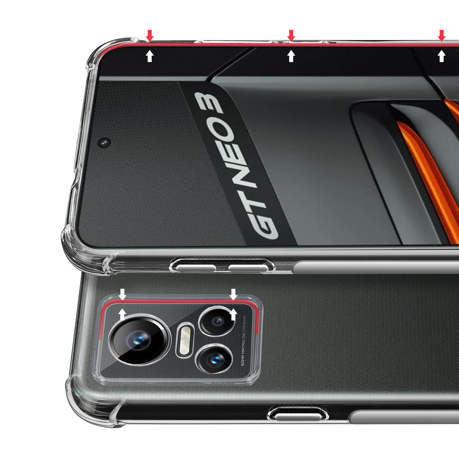 Transparente Handyhülle mit roten Akzenten auf einem Telefon. Text 'GT NEO 3' sichtbar.