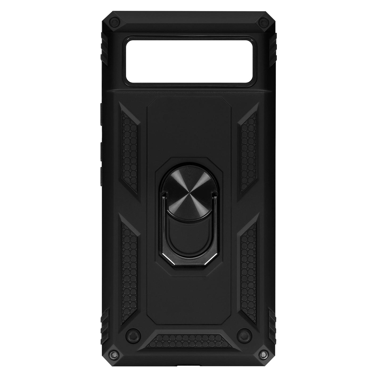 Coque de téléphone noire avec anneau de maintien. Design robuste.