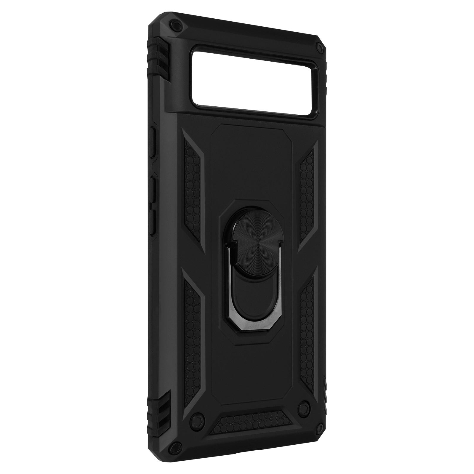 Coque de téléphone noire avec un support d'anneau, avec un design texturé.