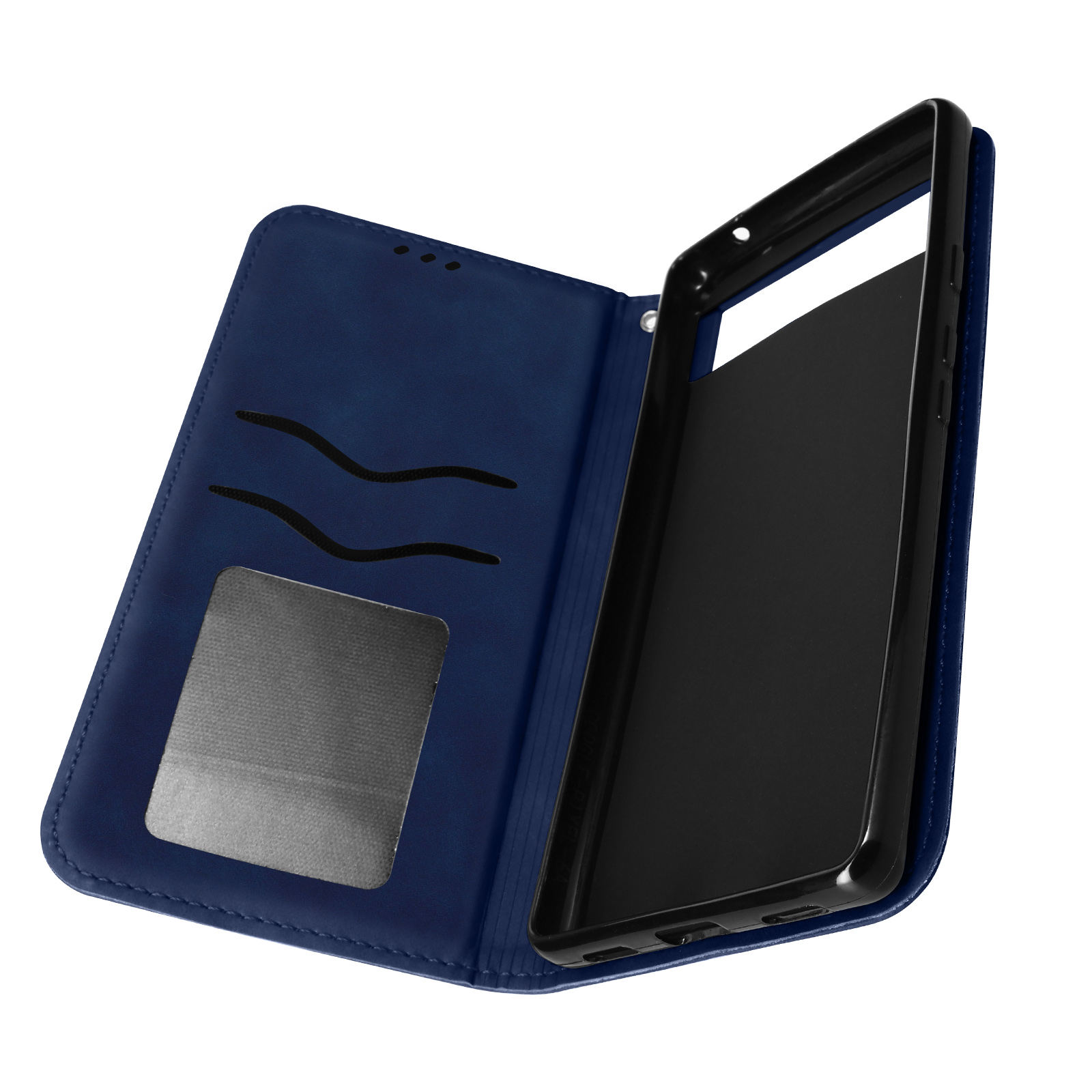 Marineblauwe telefoonhoes met kaartsleuven en een transparant venster.
