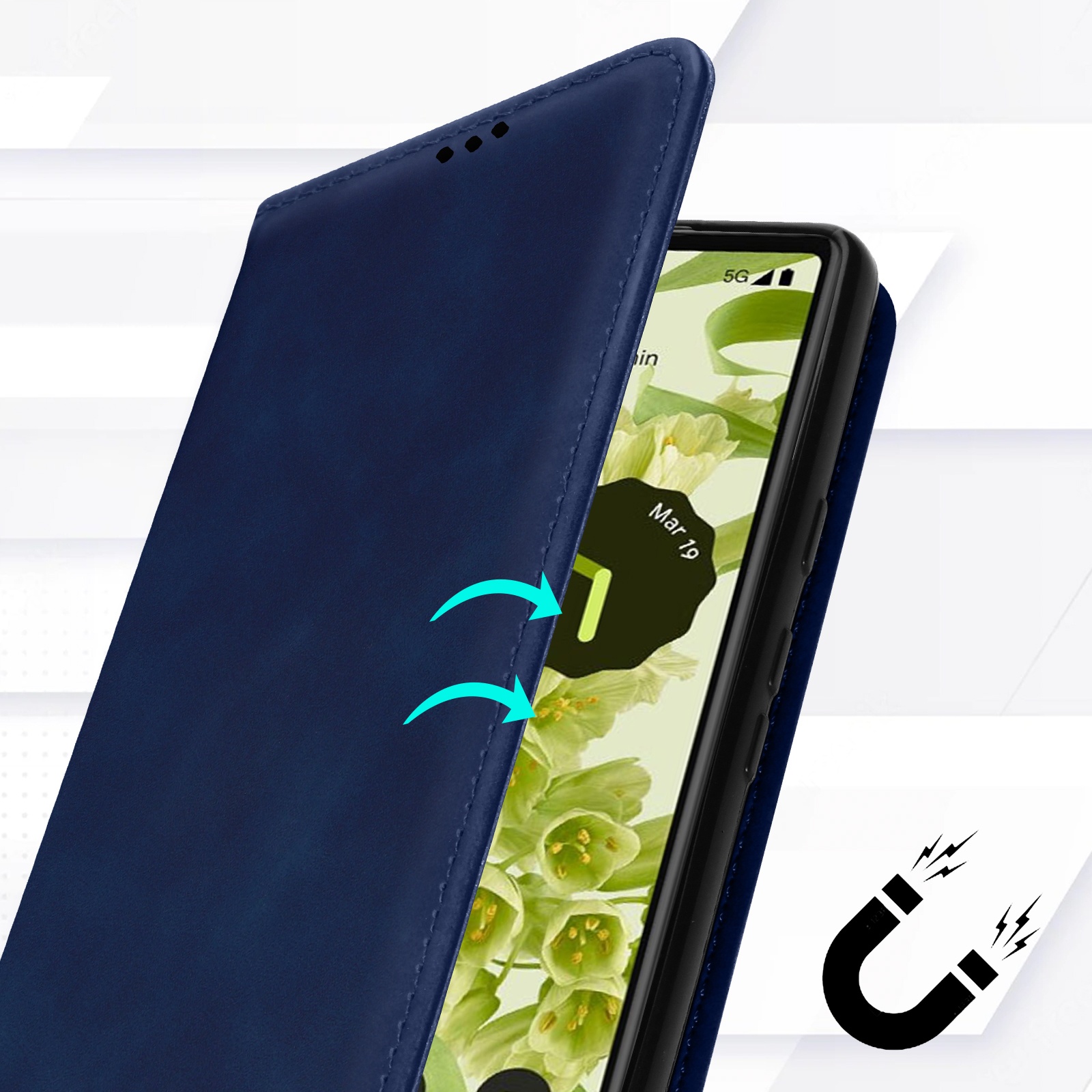 Blauwe telefoonhoes open, toont telefoonscherm. Pijlen en een magneet.