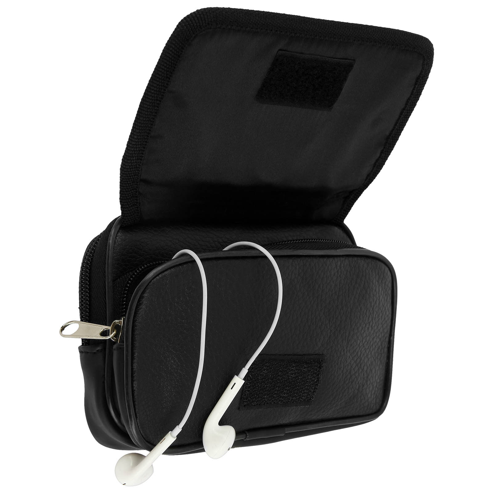 Custodia per telefono in pelle nera aperta, con auricolari bianchi all'interno. Cerniera e chiusura in velcro.