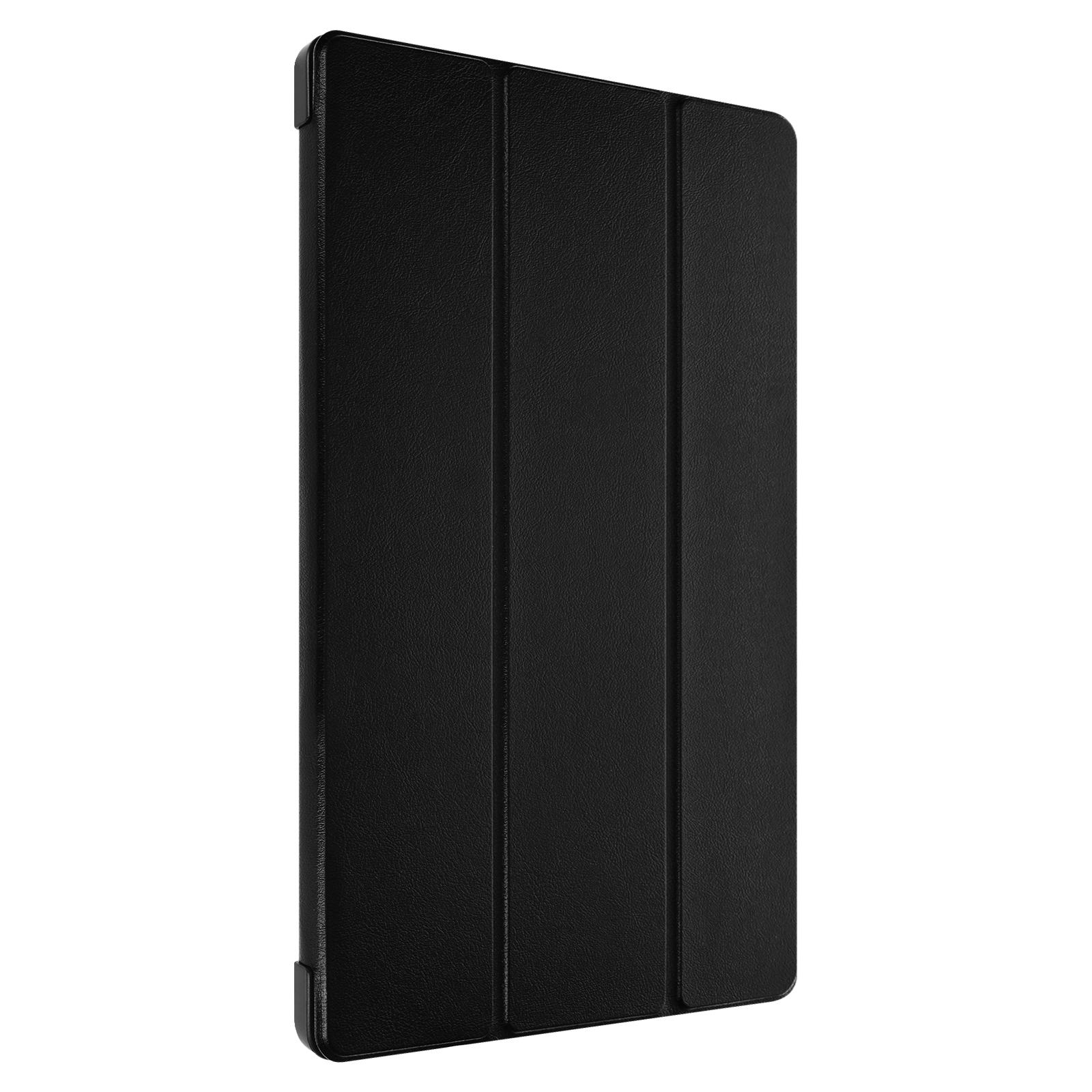 Custodia nera per tablet in piedi. Tre linee nella custodia.