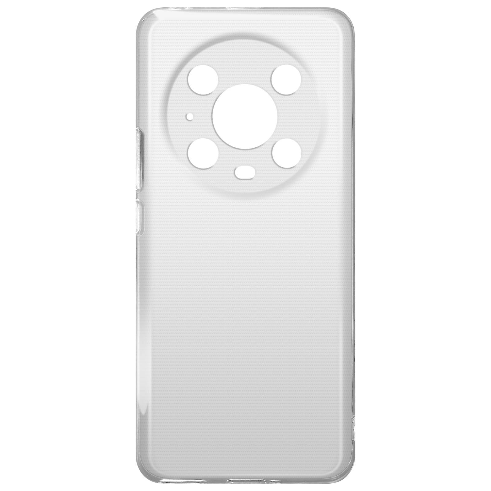 Custodia trasparente per telefono, vista posteriore. Ha una leggera texture e fori per la fotocamera.
