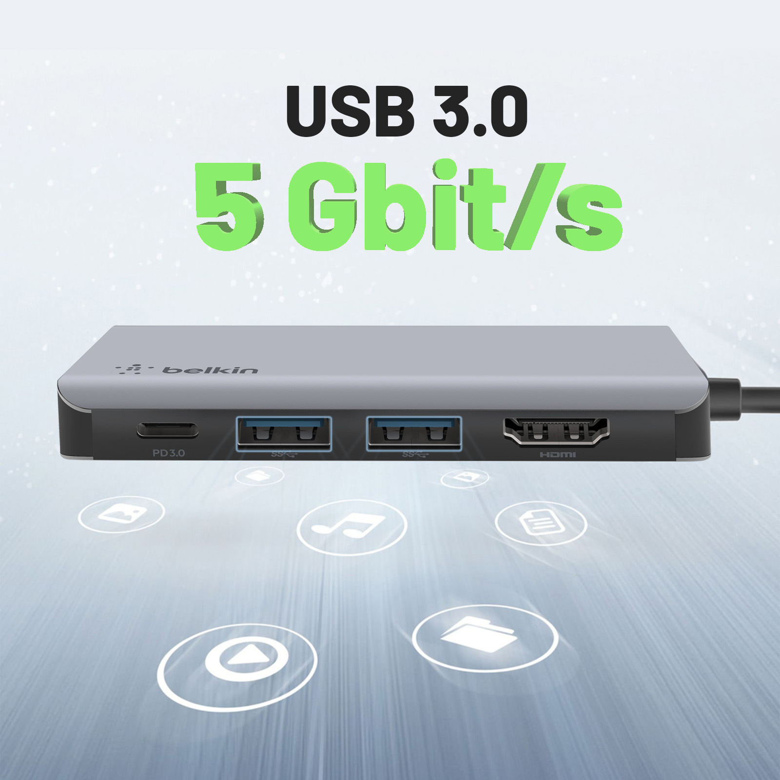Hub USB argento e grigio con icone e testo USB 3.0 5 Gbit/s.